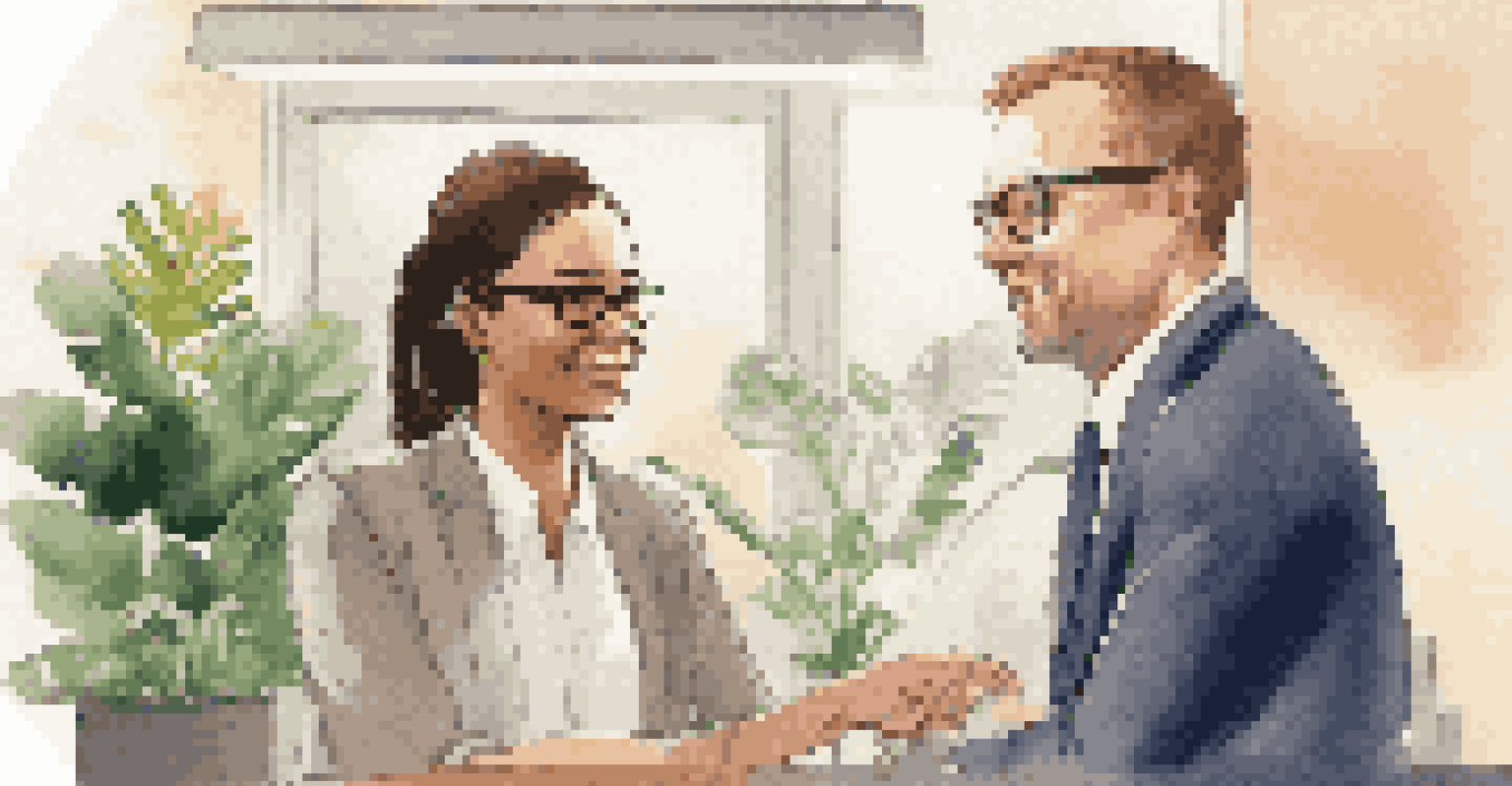 A manager and team member having a supportive conversation in a cozy office environment, with warm lighting and plants in the background.