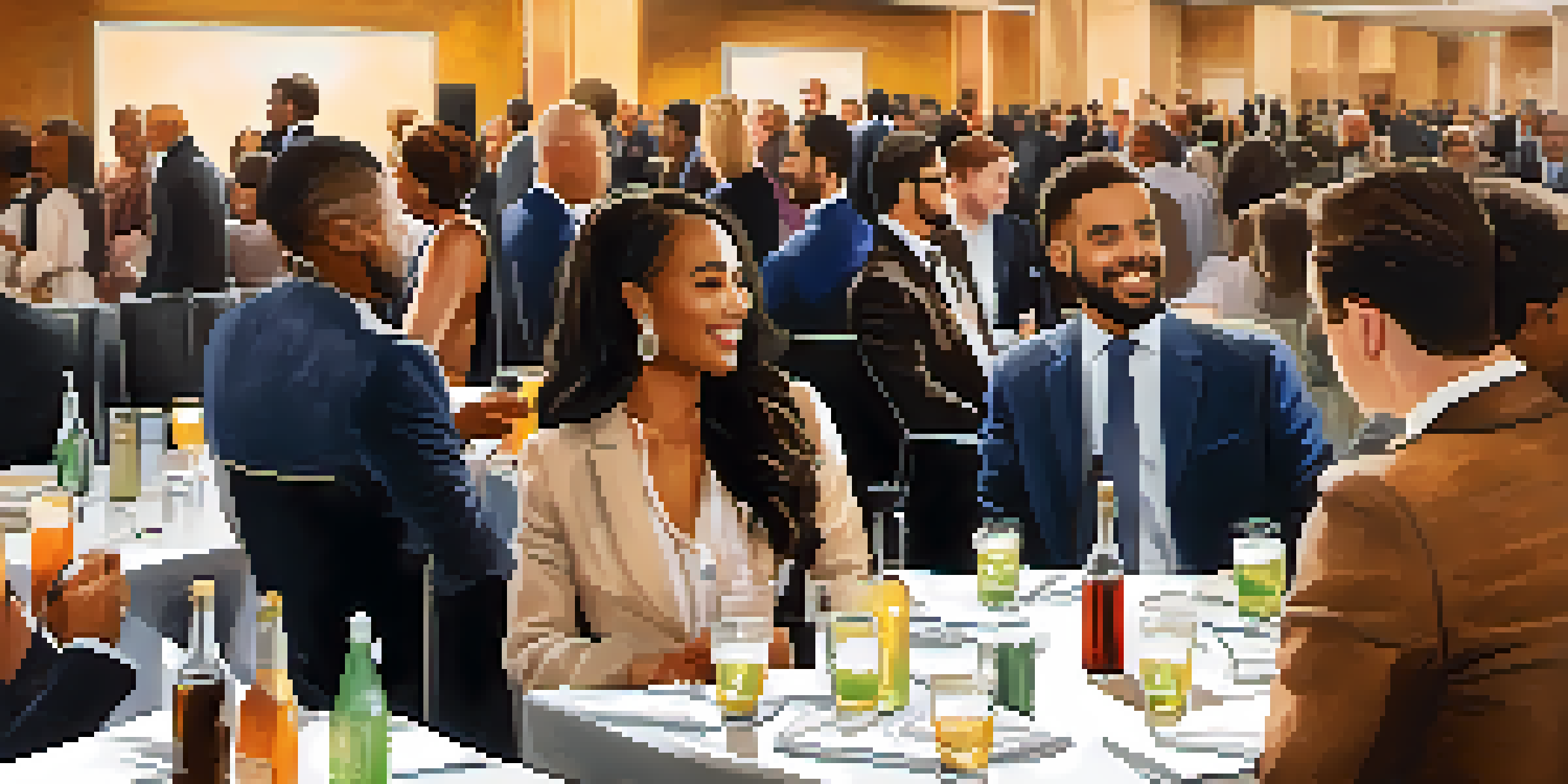 A diverse group of professionals networking at a modern conference, engaged in conversation and exchanging business cards.
