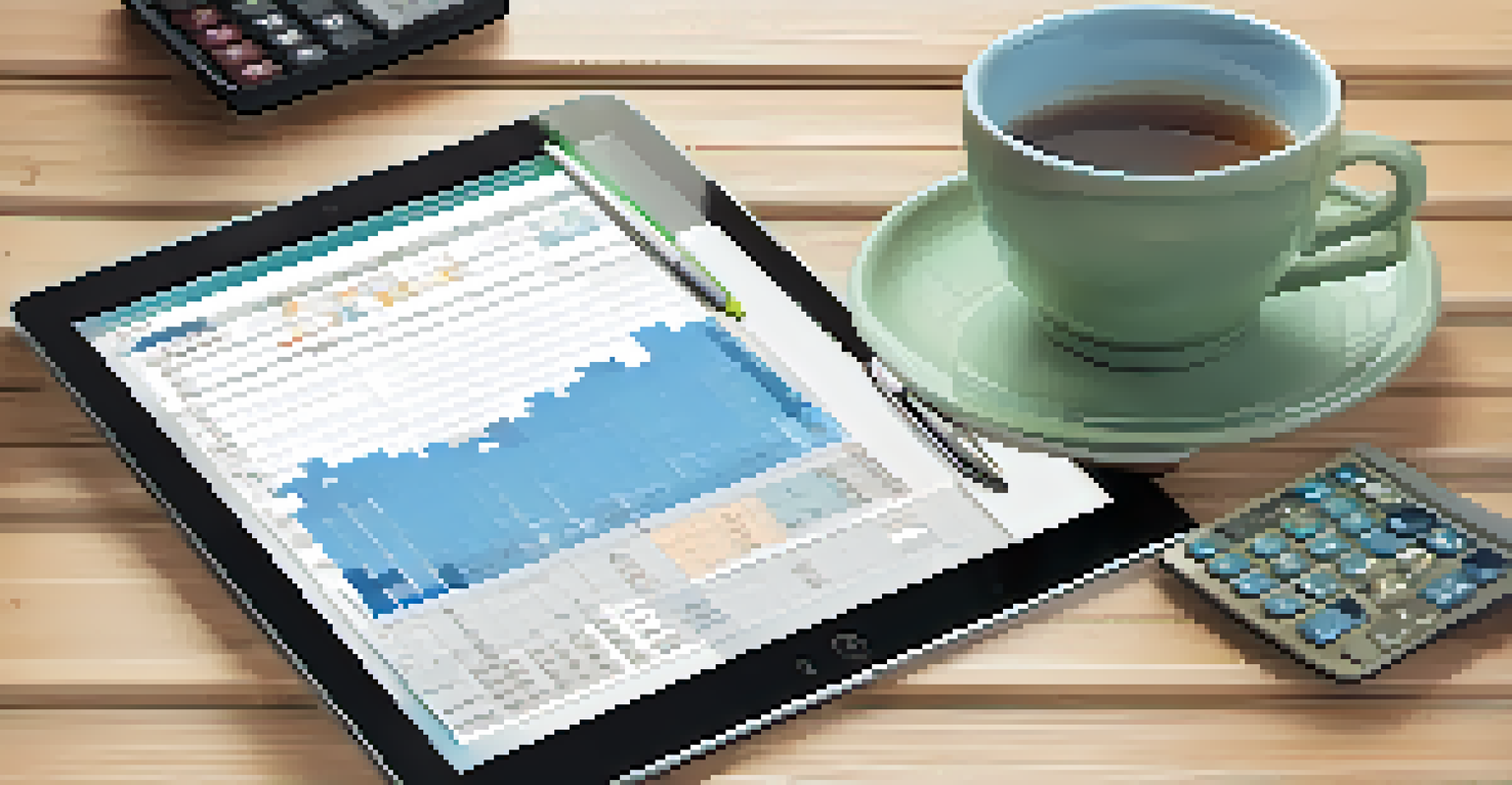 An overhead view of a tablet showing a budgeting spreadsheet surrounded by a calculator and a cup of tea on a wooden table.