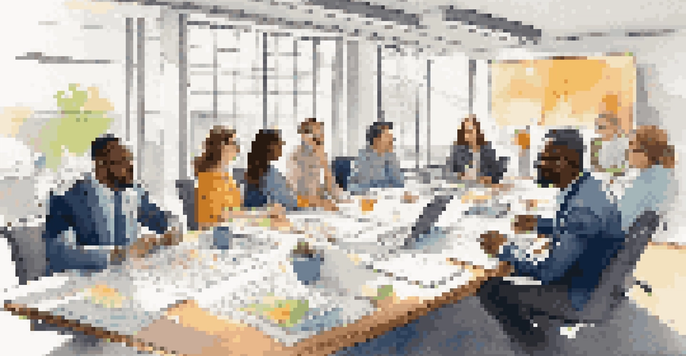 A diverse group of professionals in a meeting, collaborating and sharing ideas around a conference table with natural light and colorful materials.