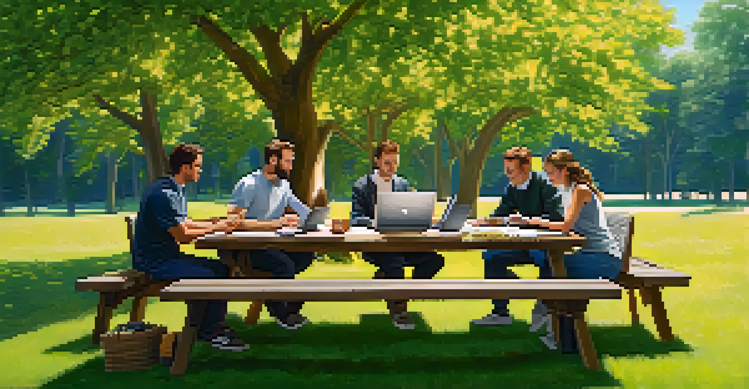 A diverse group of professionals collaborating outdoors at a picnic table amidst greenery.