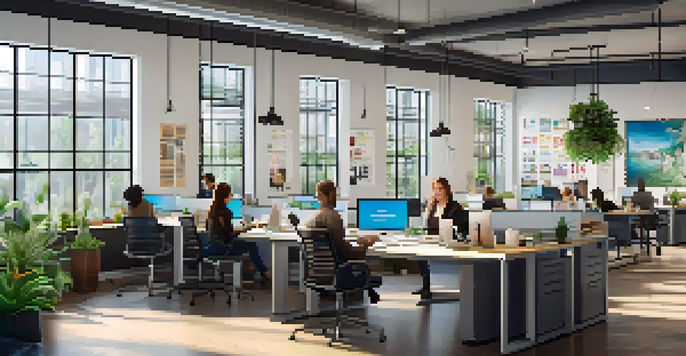 A bright and modern office space with diverse employees collaborating at a table filled with laptops and coffee, surrounded by plants and motivational posters.