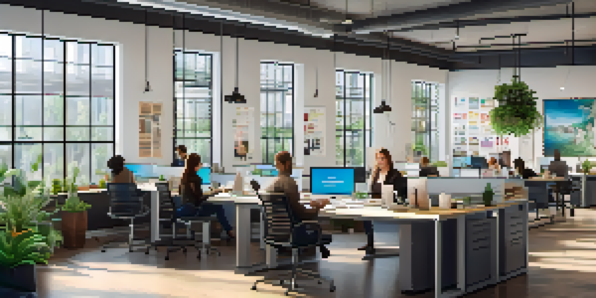 A bright and modern office space with diverse employees collaborating at a table filled with laptops and coffee, surrounded by plants and motivational posters.