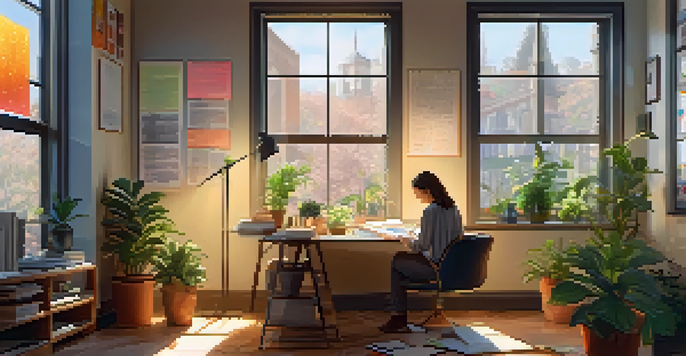 A person sitting at a desk, writing in a journal with a vision board nearby, in a well-lit office space.