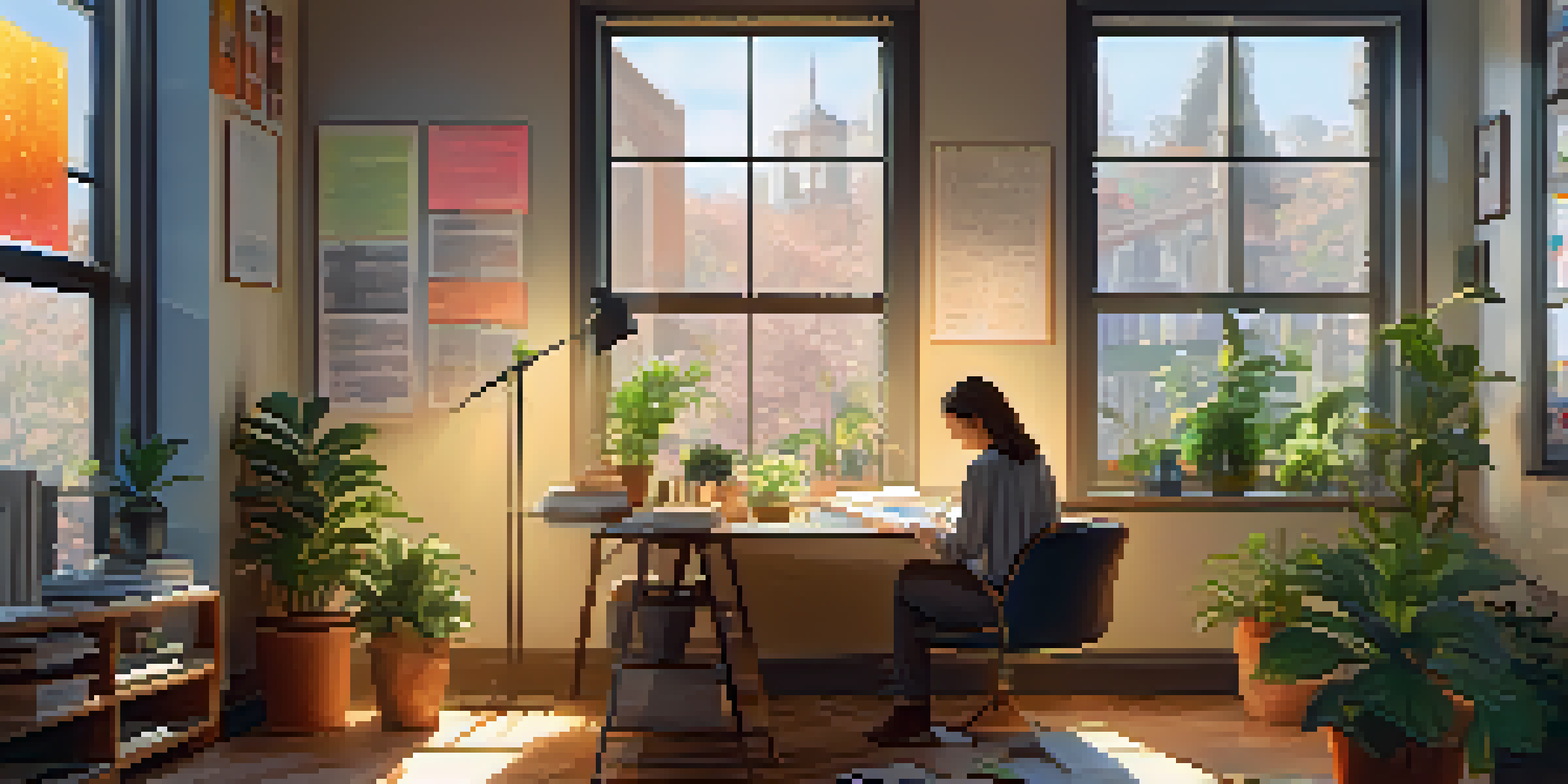 A person sitting at a desk, writing in a journal with a vision board nearby, in a well-lit office space.