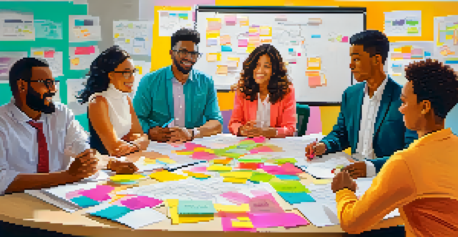 A diverse group of professionals collaborating and brainstorming around a table filled with colorful sticky notes and a whiteboard, embodying a creative and dynamic environment.