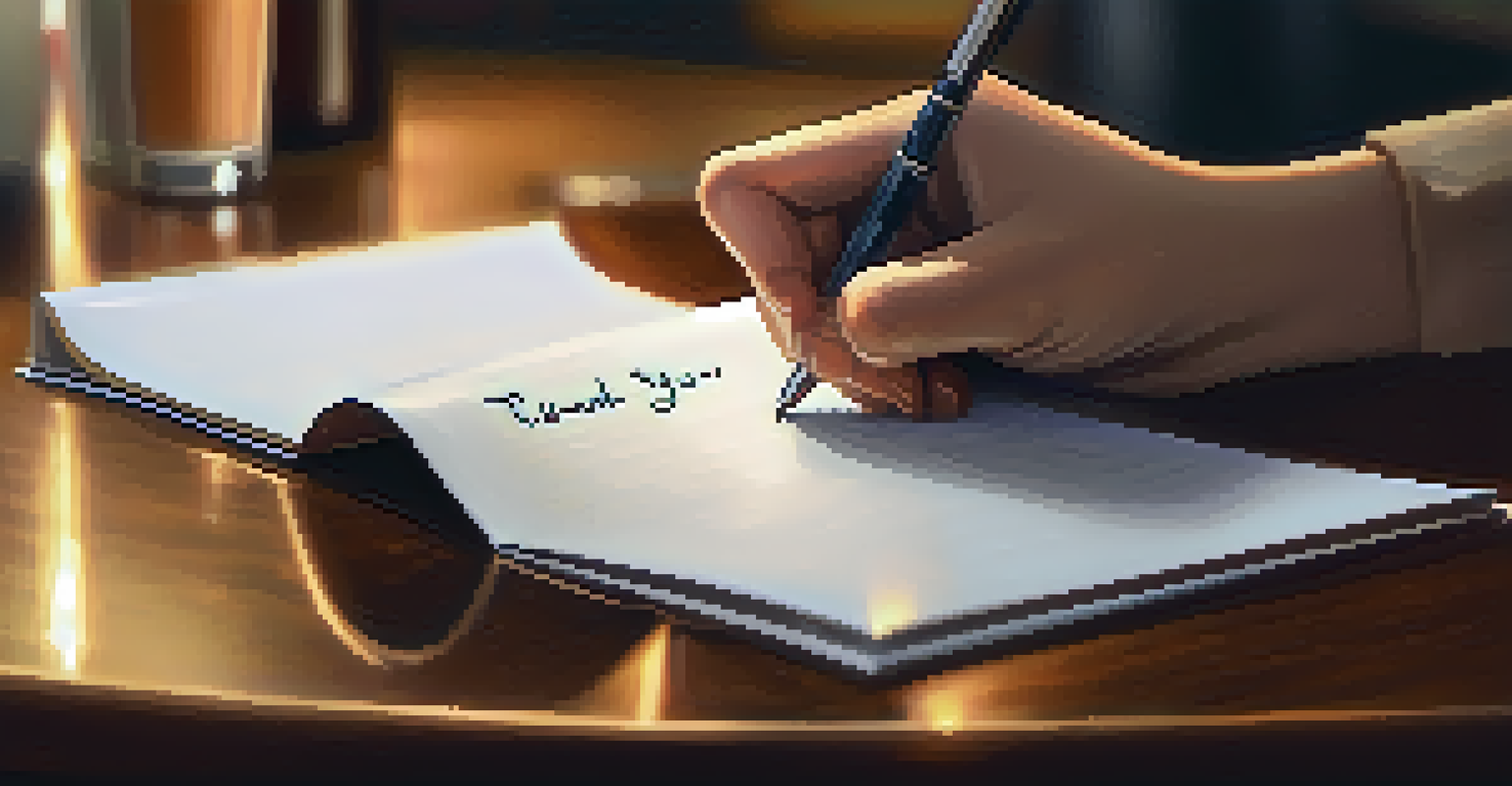 A close-up of a person writing a thank-you note in a cozy coffee shop.