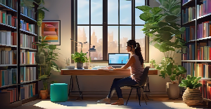 A focused professional woman at her desk, learning online, with colorful books and plants around her.