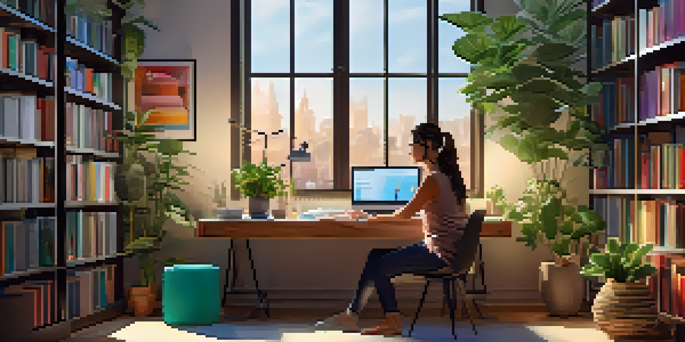 A focused professional woman at her desk, learning online, with colorful books and plants around her.