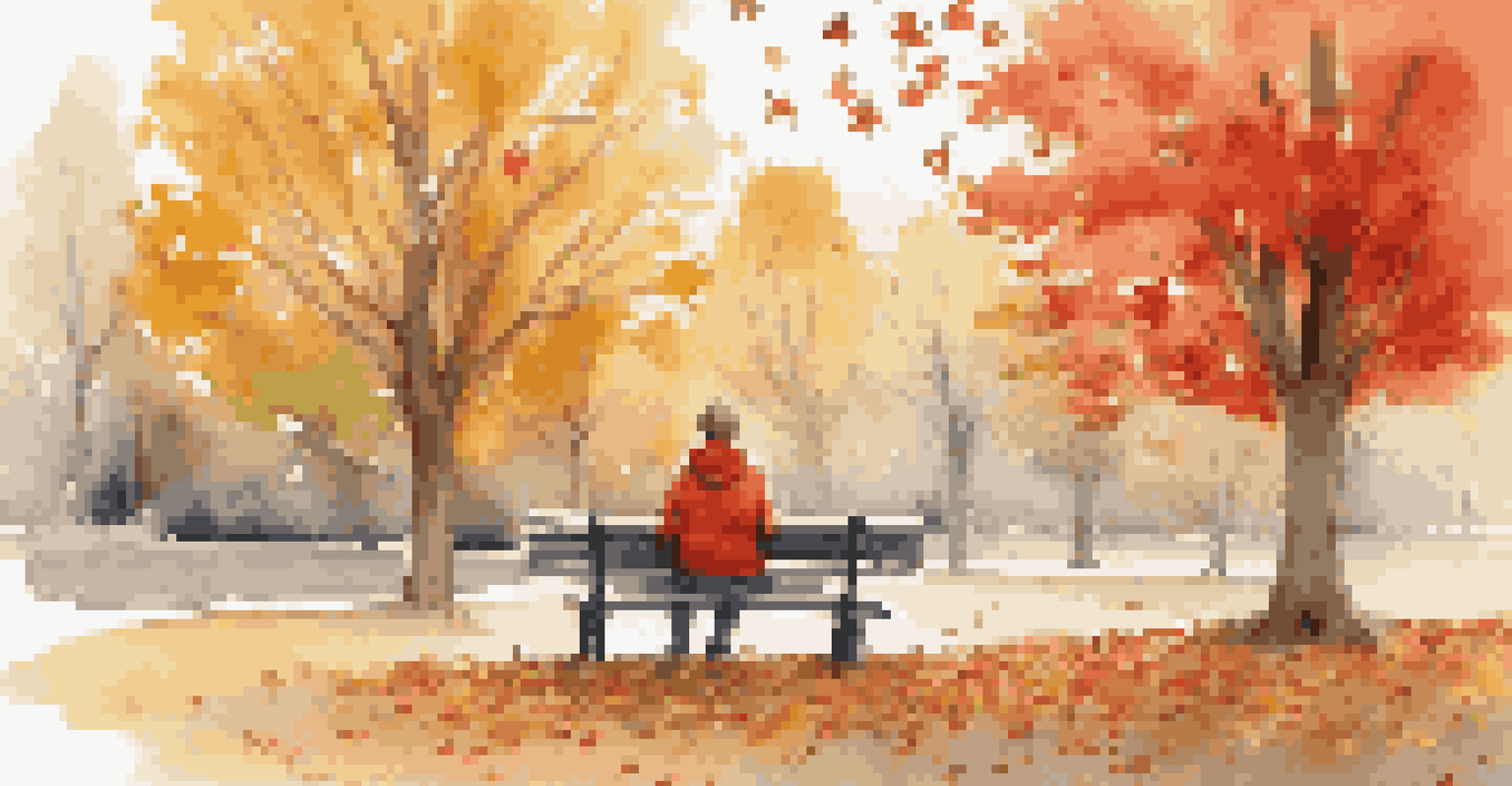 A person reflecting on a park bench with a notebook, surrounded by colorful autumn leaves.