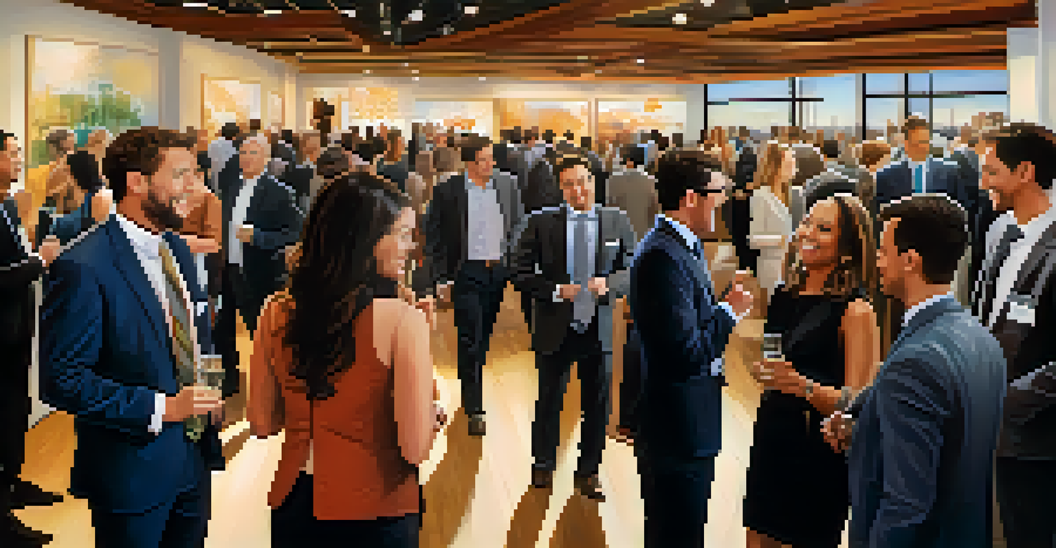 A networking event with diverse professionals engaging and exchanging ideas, with a banner in the background and warm lighting creating an inviting atmosphere.