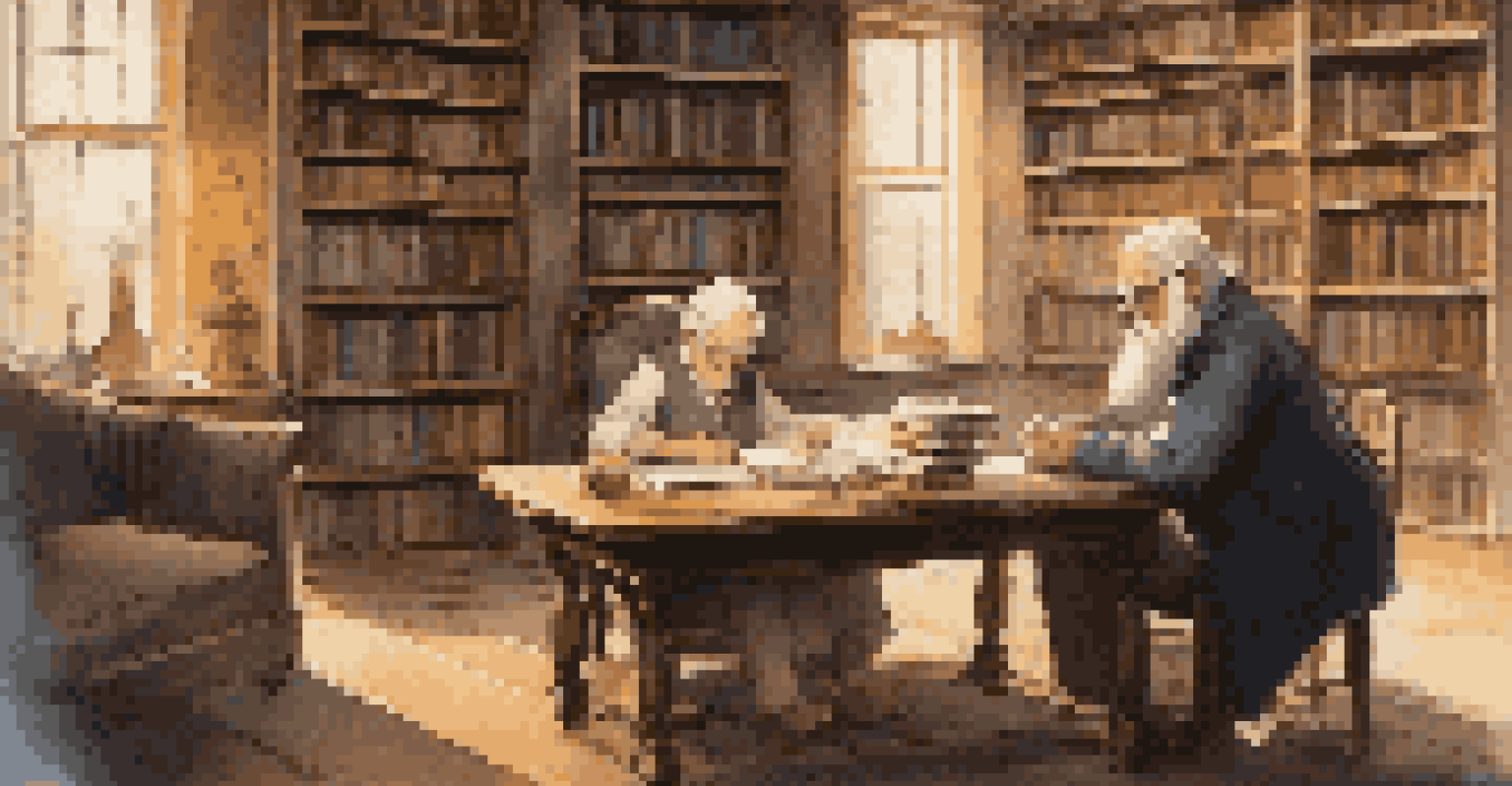 A mentor and mentee in a library, discussing over books at a wooden table.