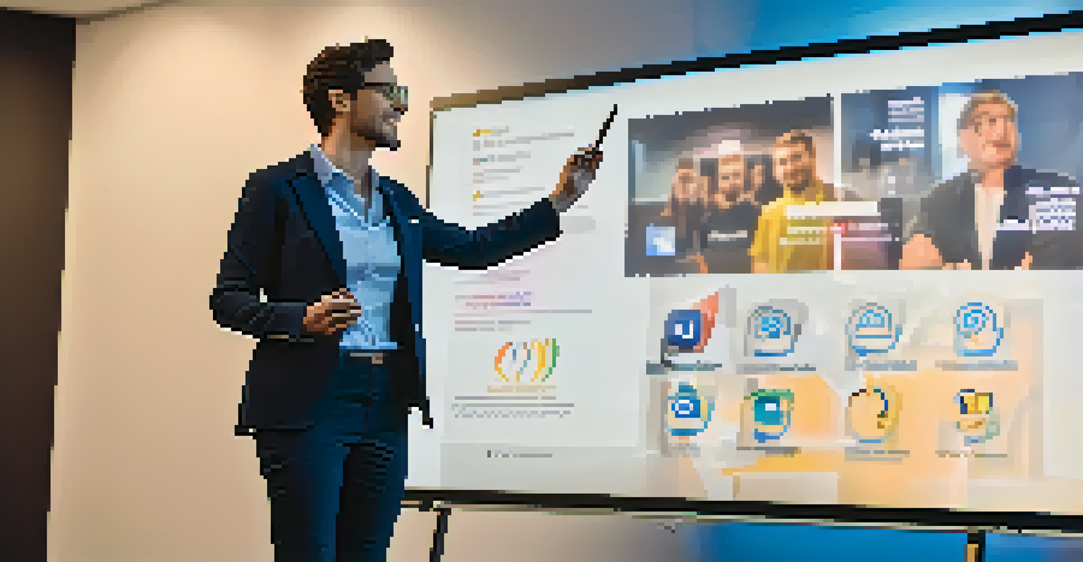 A confident speaker presenting personal branding elements in a seminar room with an audience.