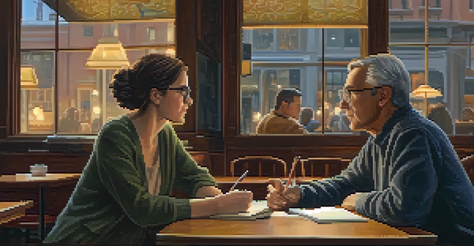 A mentor and mentee having a discussion in a cozy coffee shop with warm lighting.