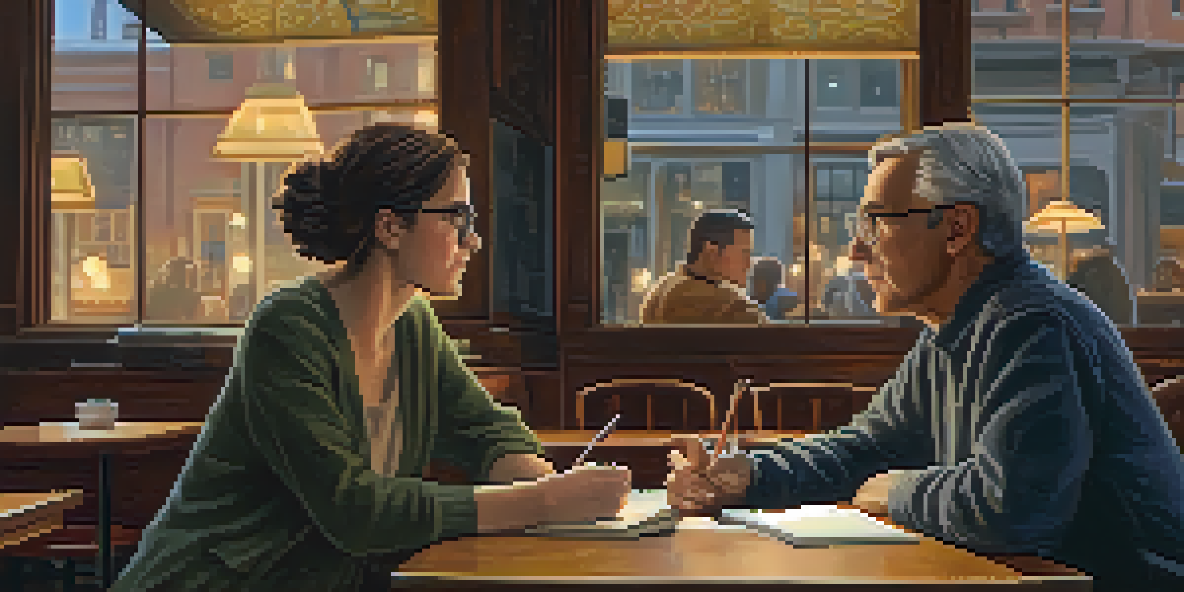 A mentor and mentee having a discussion in a cozy coffee shop with warm lighting.