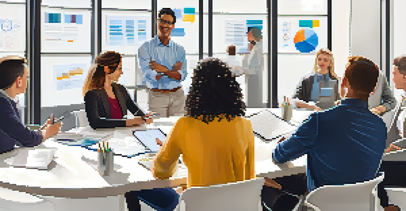 Employees in a feedback session, sharing thoughts in a circle with a whiteboard in the background, showcasing open communication.