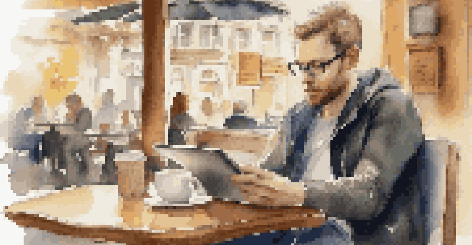 A person at a café reviewing job listings on a tablet with a cup of coffee beside them.