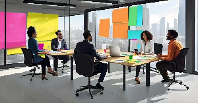 A diverse group of professionals in a modern office holding a collaborative meeting with laptops and notes on the table.