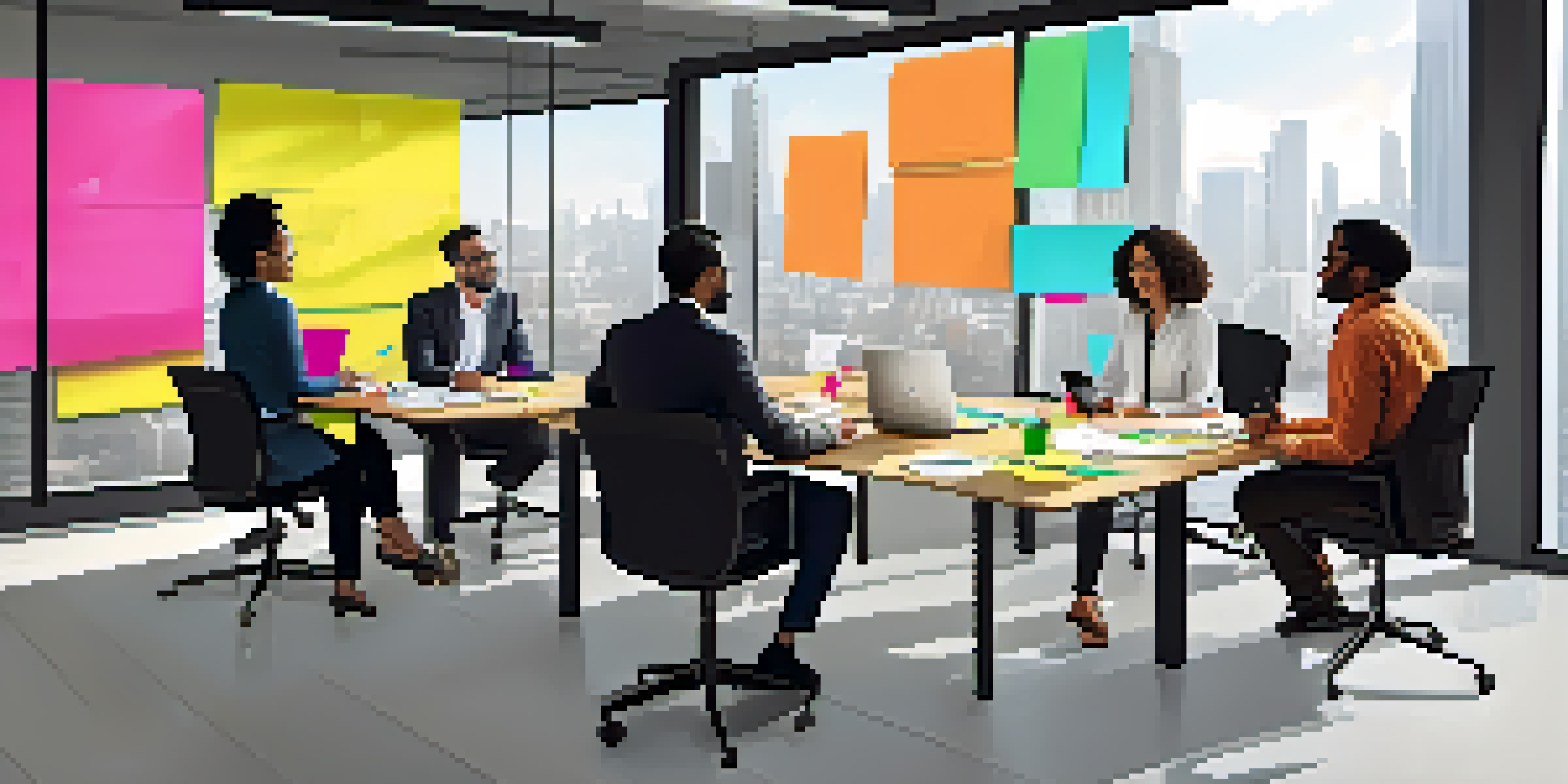 A diverse group of professionals in a modern office holding a collaborative meeting with laptops and notes on the table.