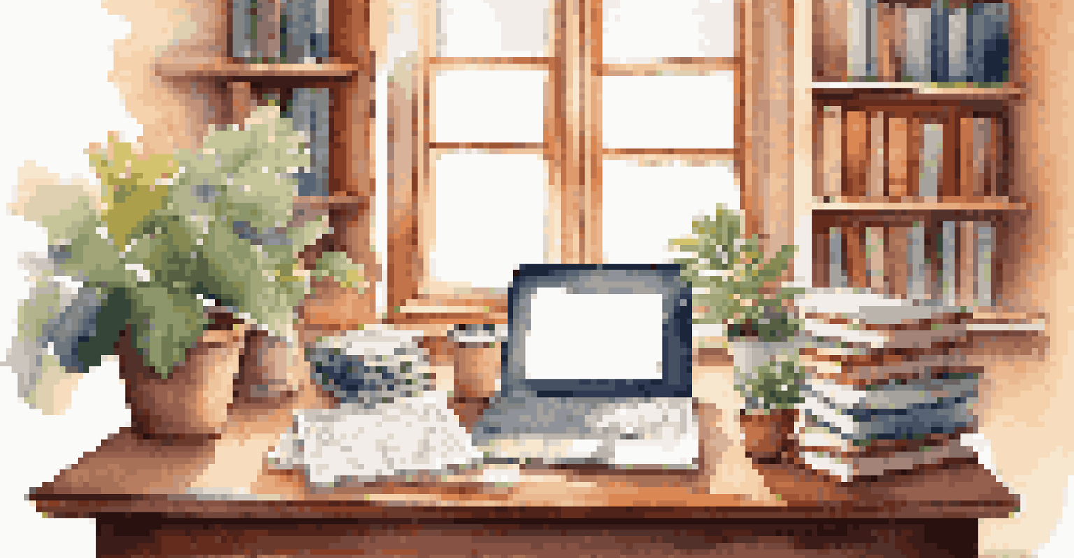 A cozy workspace with a laptop, books, and coffee, symbolizing lifelong learning, with sunlight coming through the window.