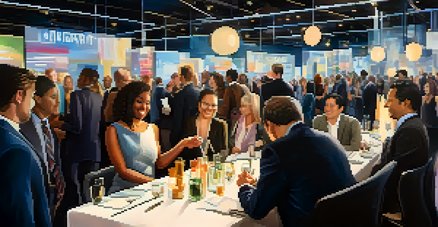 A networking event with diverse professionals engaged in conversation, surrounded by industry banners.