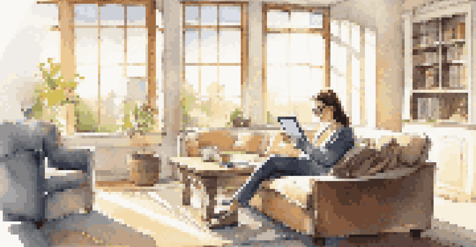 An employee analyzing data on a tablet in a bright living room filled with sunlight and a comfortable seating area.