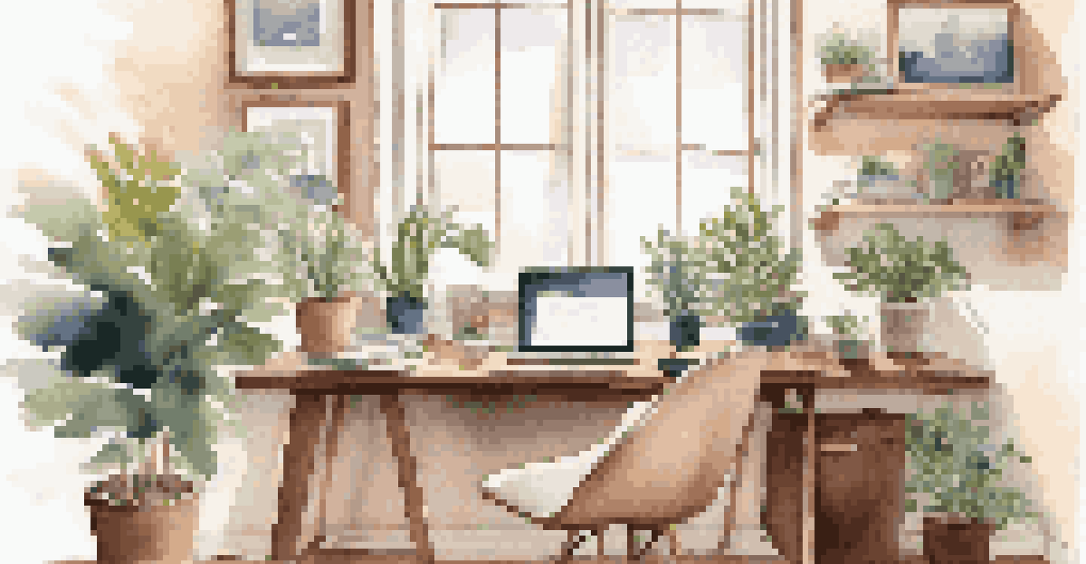 A cozy home workspace with a laptop, coffee cup, and personal decor, showing a peaceful garden view outside the window.