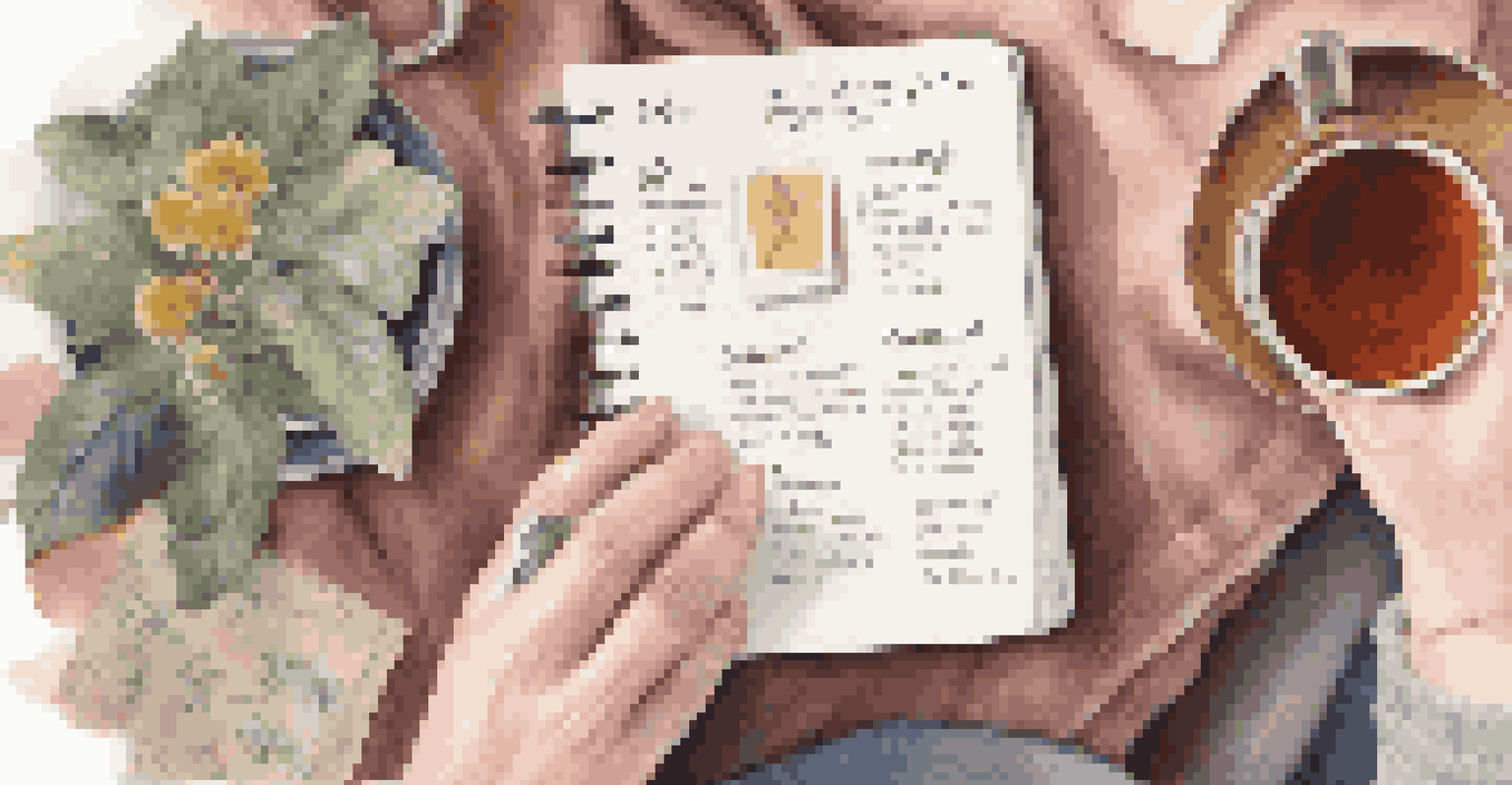 Hands holding a planner and a cup of tea, with a cozy blanket in a softly lit room.