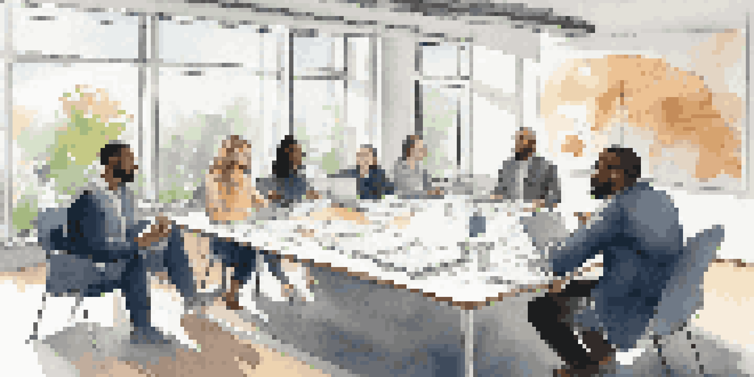 A diverse group of professionals in a bright meeting room, collaborating with documents and laptops, demonstrating effective communication.