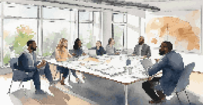 A diverse group of professionals in a bright meeting room, collaborating with documents and laptops, demonstrating effective communication.