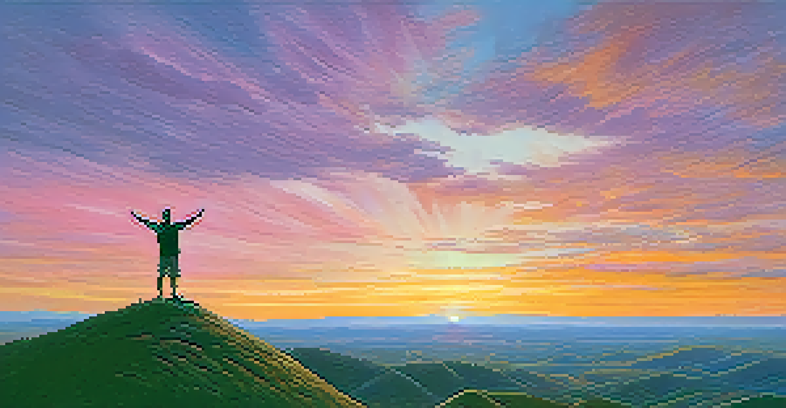 A silhouette of a person at sunset on a hill, celebrating success with arms raised, overlooking a vibrant landscape.
