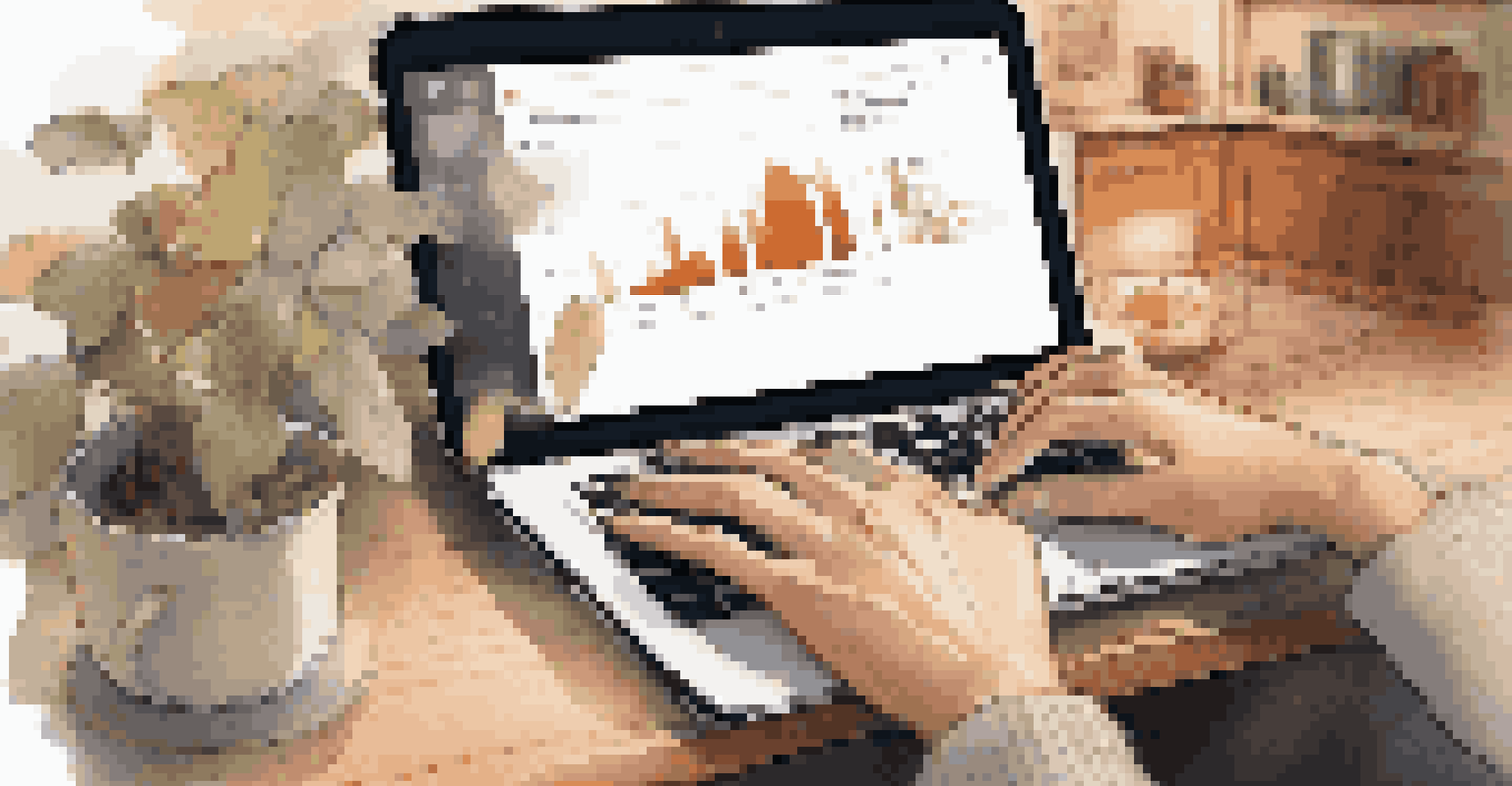 A close-up view of hands typing on a laptop in a café, with a digital tablet showing a progress chart.