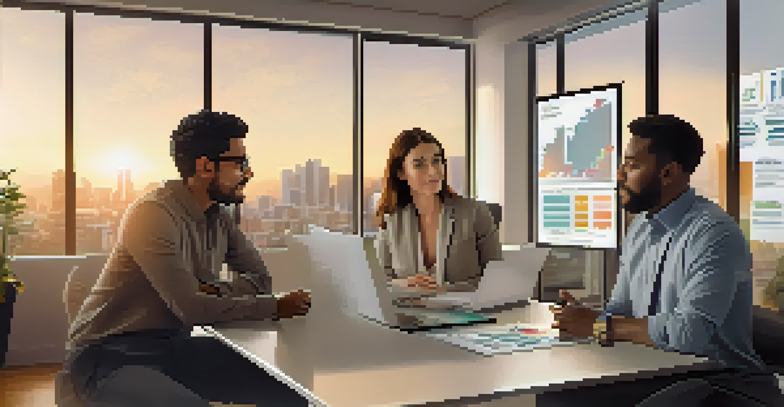 A mentor and mentee having a discussion in a modern office, reviewing information on a laptop together.