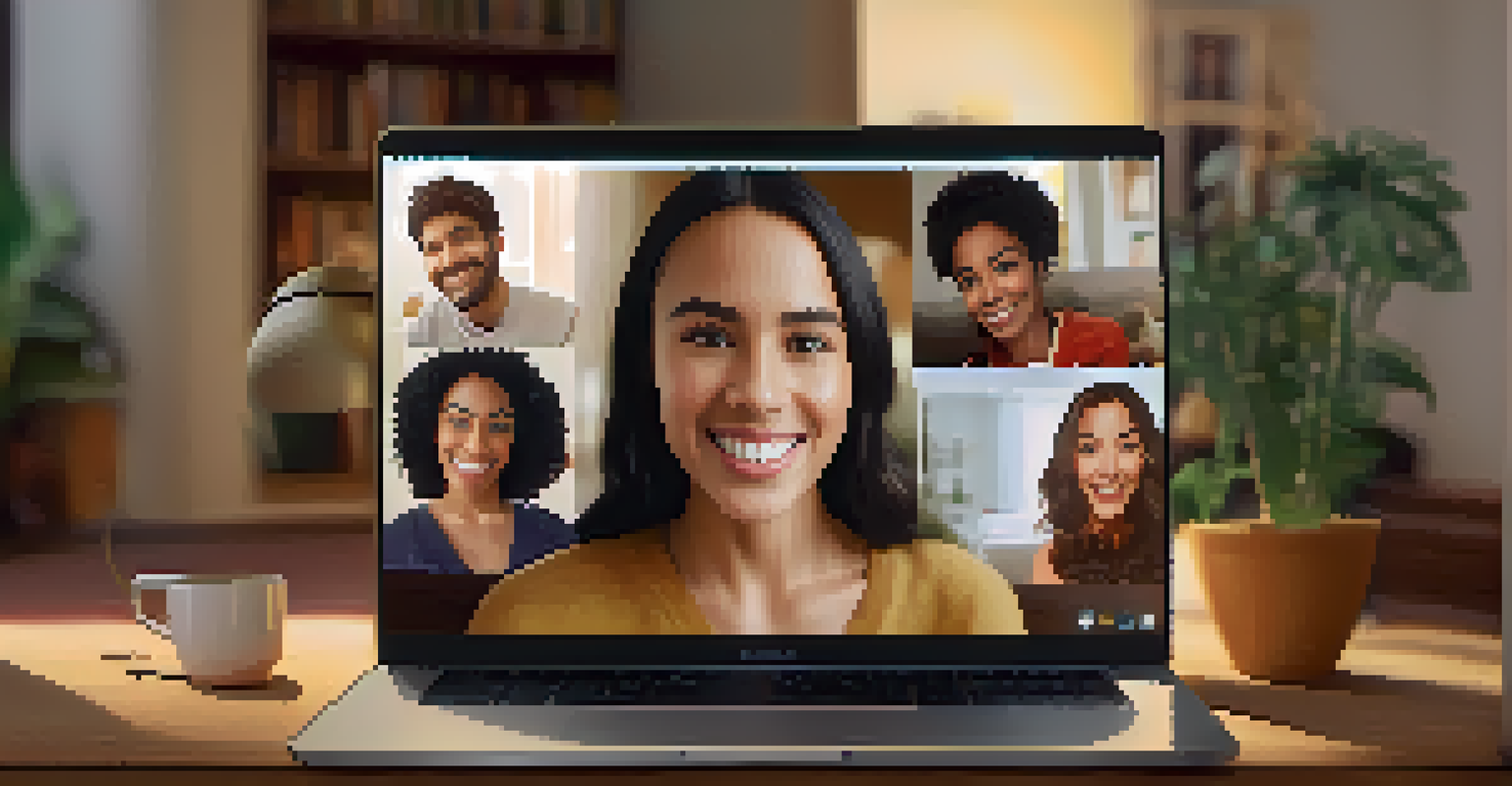 Close-up of a laptop screen showing a group video call with engaged participants, set against a cozy living room background.