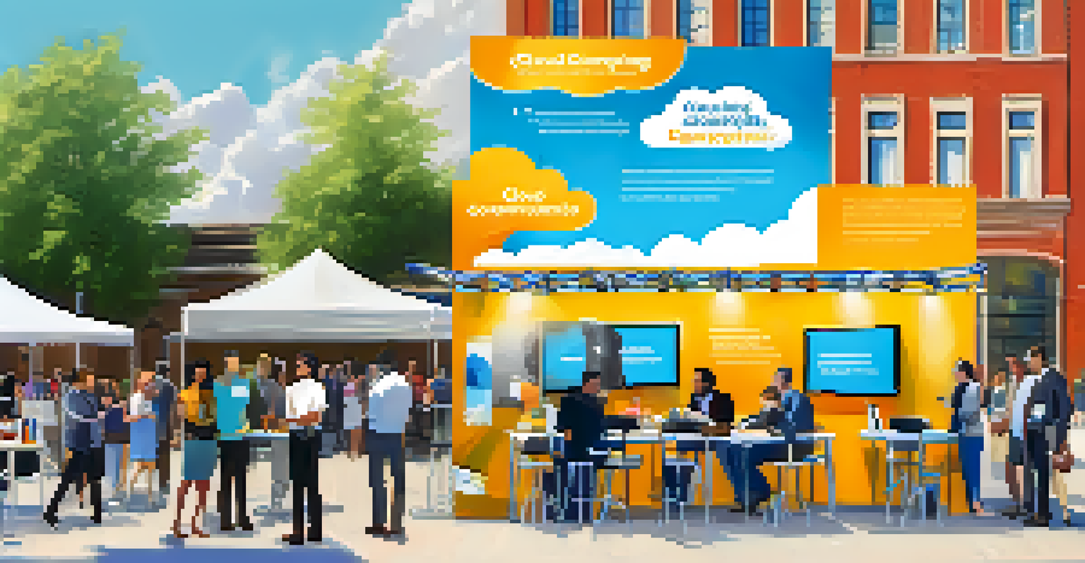 An outdoor tech event with attendees discussing cloud computing careers under a bright banner.