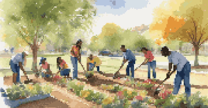 A diverse group of volunteers planting trees in a sunny community park, showcasing teamwork and a vibrant atmosphere.