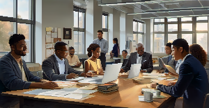A diverse group of people in cultural attire engaging in a discussion around a conference table in a bright office.
