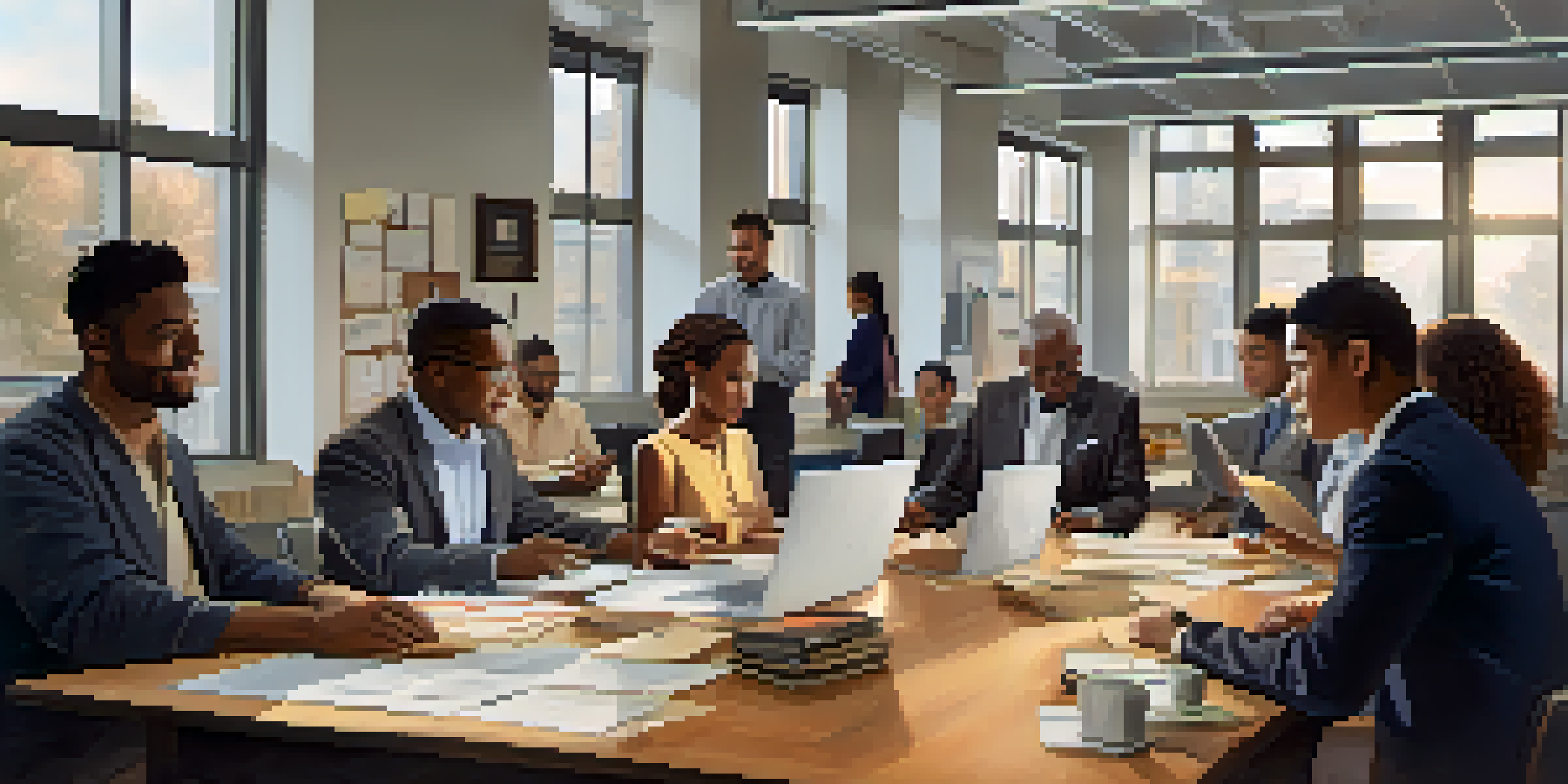 A diverse group of people in cultural attire engaging in a discussion around a conference table in a bright office.