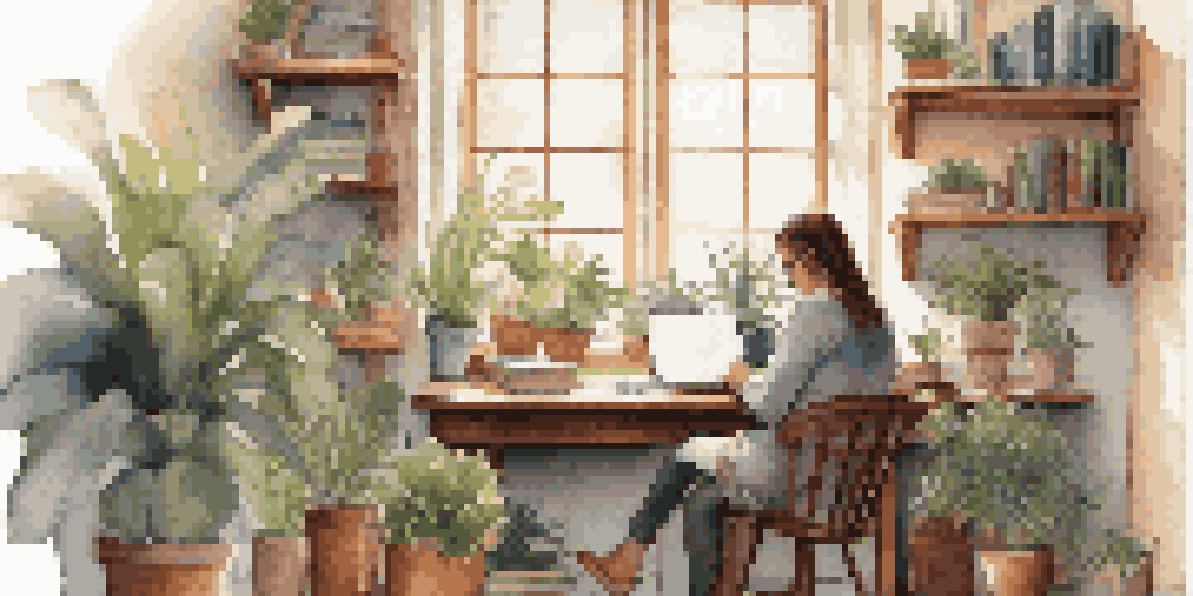 A person writing in a journal at a wooden desk filled with plants and books, illuminated by soft morning light.