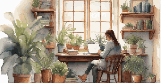 A person writing in a journal at a wooden desk filled with plants and books, illuminated by soft morning light.