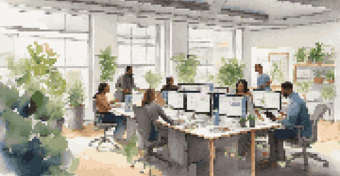 A diverse team of employees working together in a bright, modern office, surrounded by plants and engaging in discussion.