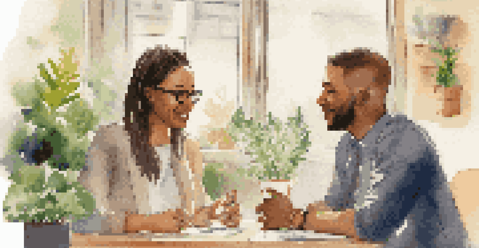 Two colleagues in a one-on-one conversation in a cozy office, one sharing ideas while the other listens, surrounded by plants and motivational posters.