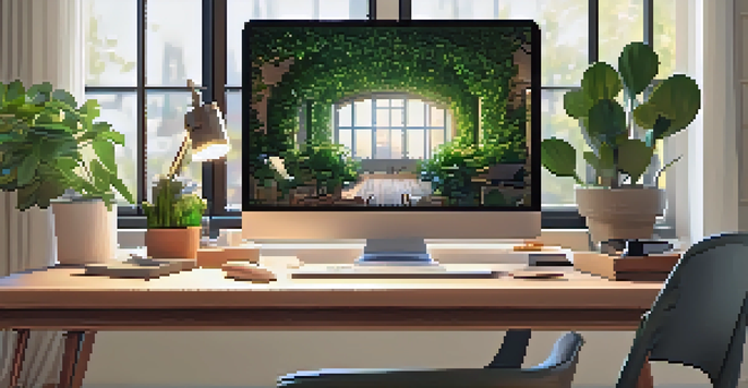 A home office with a desk, chair, and laptop, illuminated by natural light and surrounded by plants.