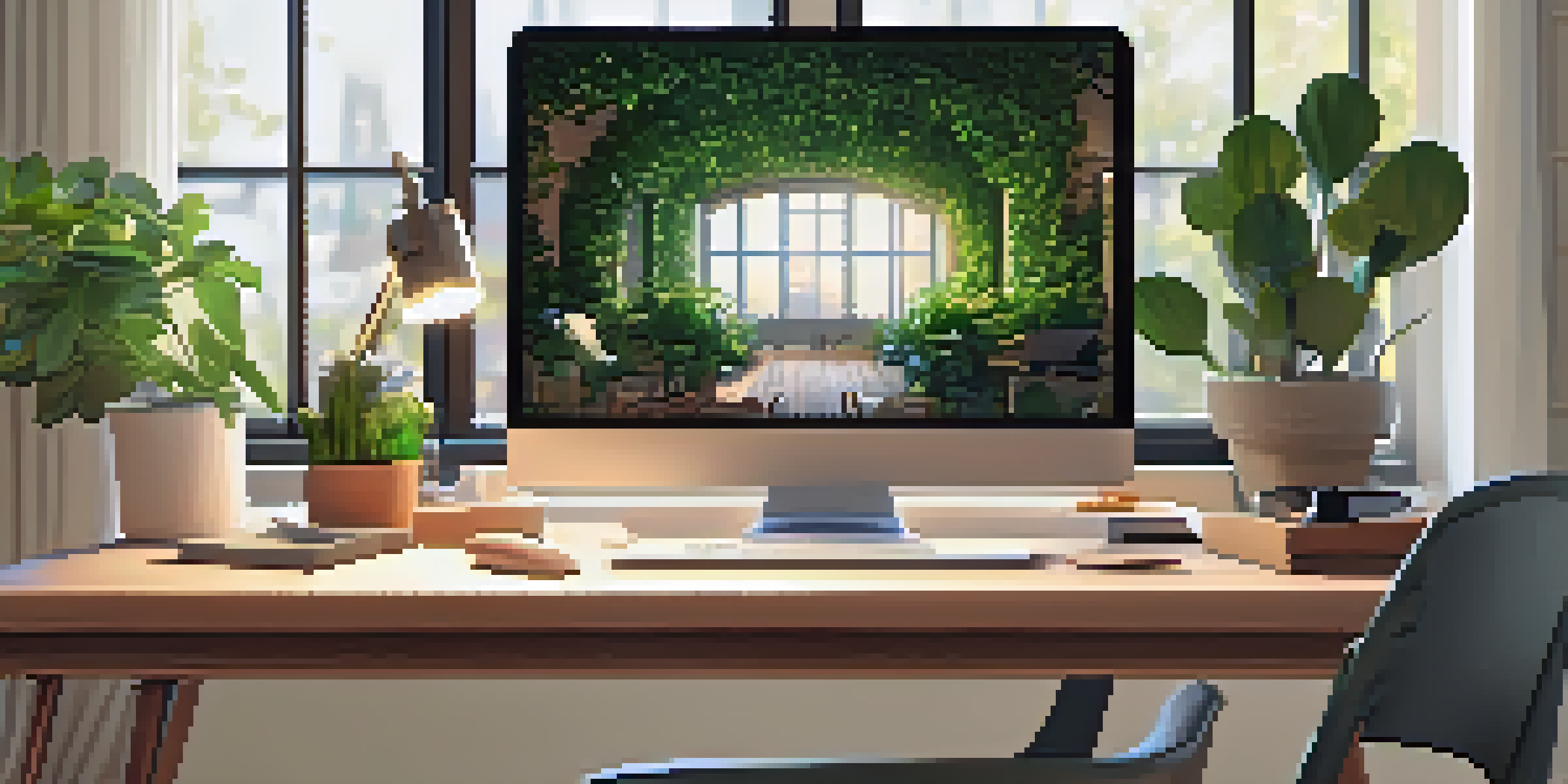 A home office with a desk, chair, and laptop, illuminated by natural light and surrounded by plants.