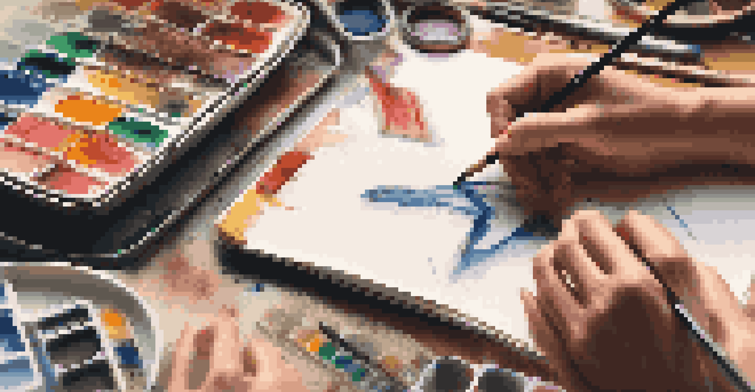 Hands sketching on a notepad with art supplies around, creating a warm and artistic workspace.