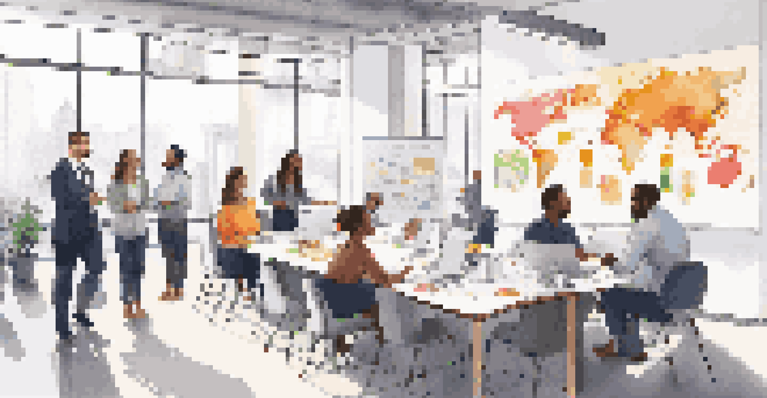 A modern office space with professionals discussing a colorful career map on a whiteboard, surrounded by natural light.