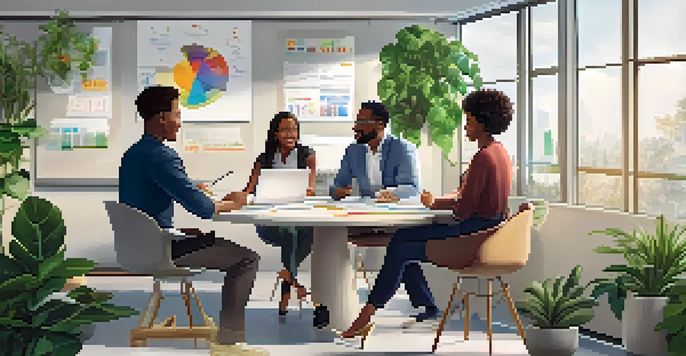 A diverse team in a bright office discussing ideas around a circular table with whiteboards and plants in the background.
