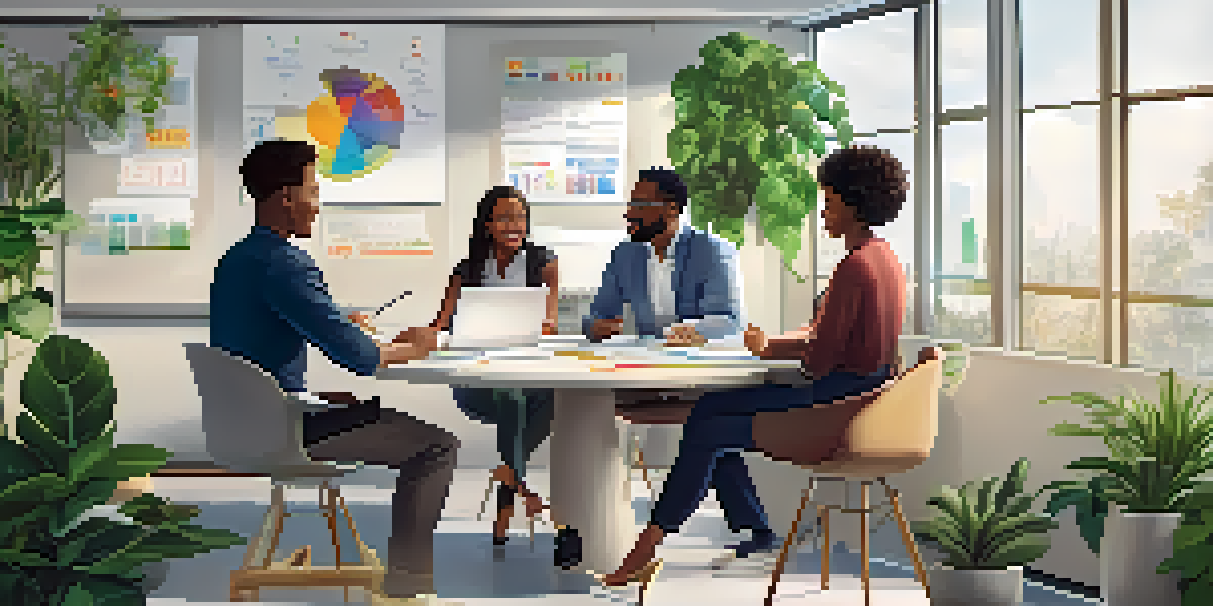 A diverse team in a bright office discussing ideas around a circular table with whiteboards and plants in the background.