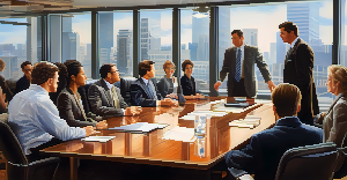 A diverse group of employees in a conference room engaged in a discussion, with a manager at the head of the table, illuminated by natural light from large windows.