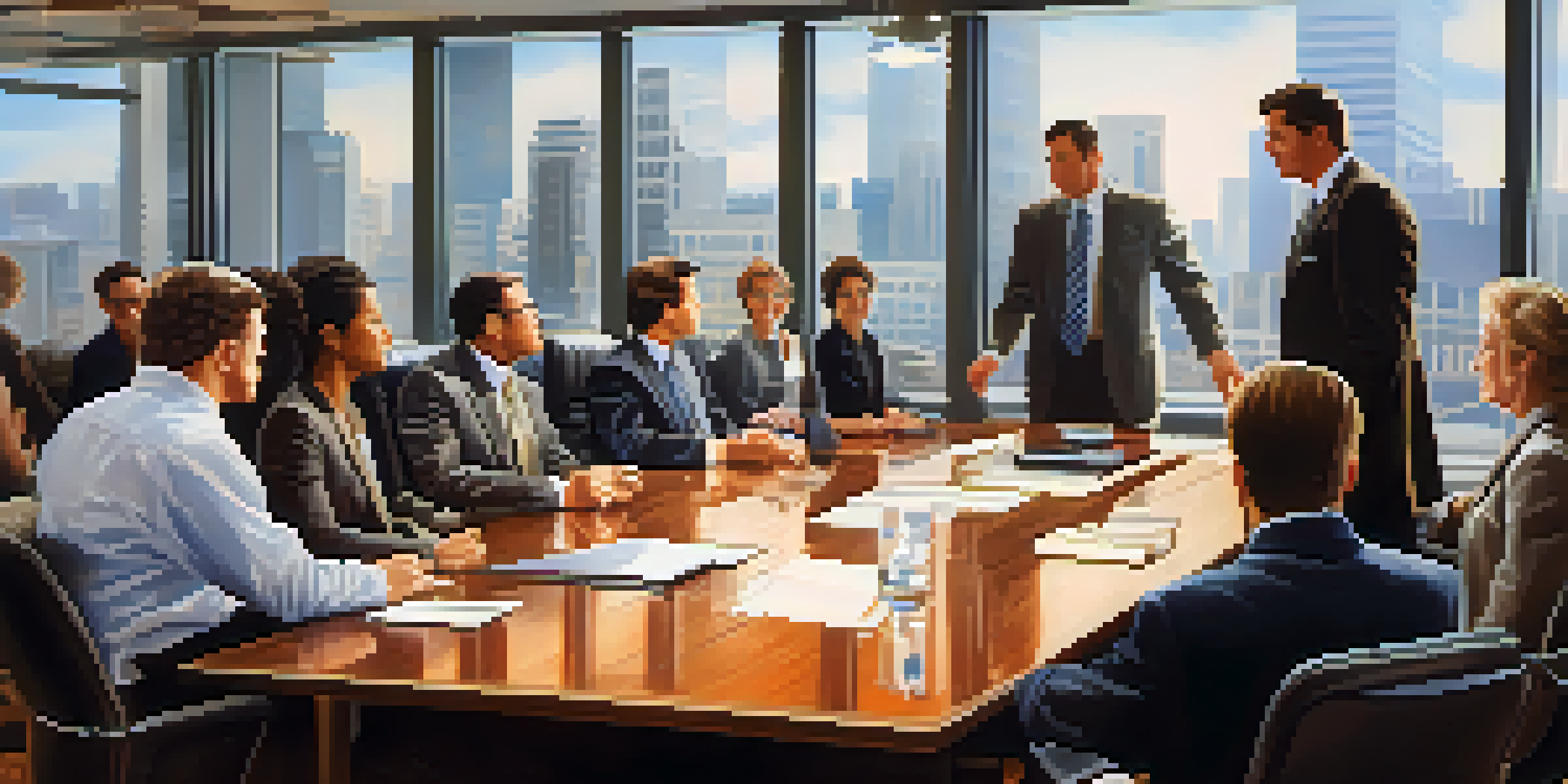 A diverse group of employees in a conference room engaged in a discussion, with a manager at the head of the table, illuminated by natural light from large windows.